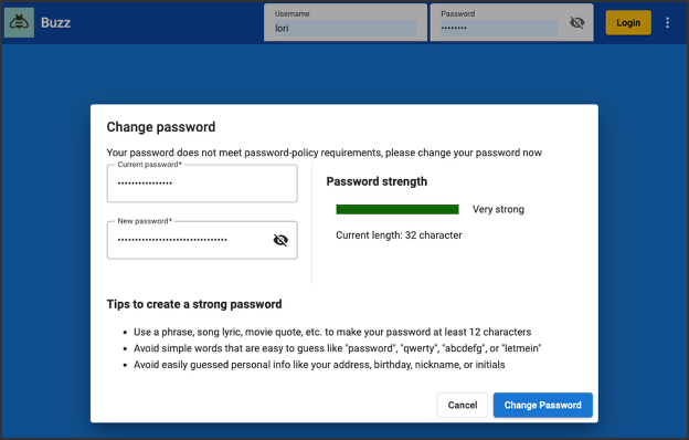 Change password window shown at sign-in, with the message: Your password does not meet password-policy requirements, please change your password now. The new password is rated Very strong.